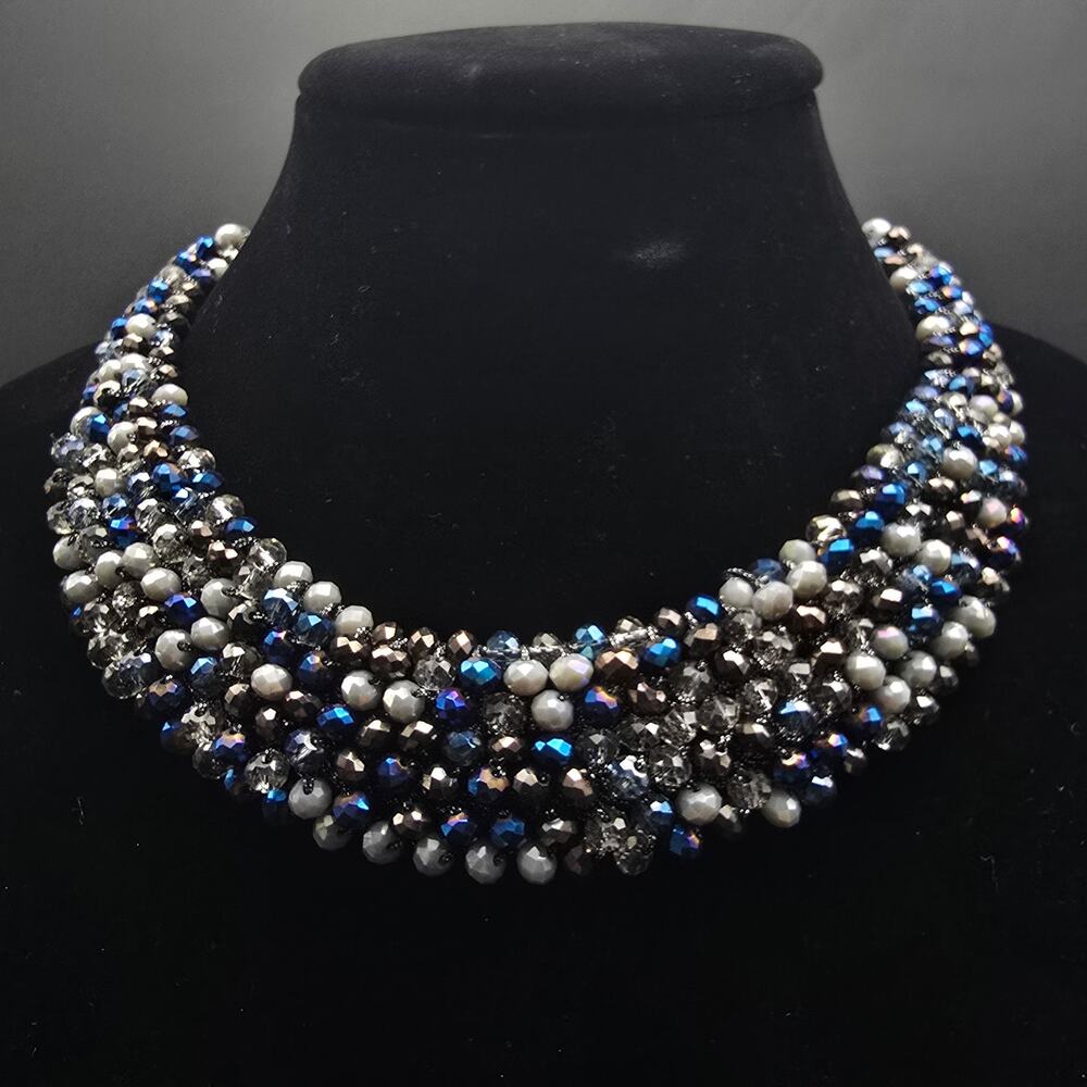 Saachi Blue Gray Beaded Bib Necklace Costume Jewelry